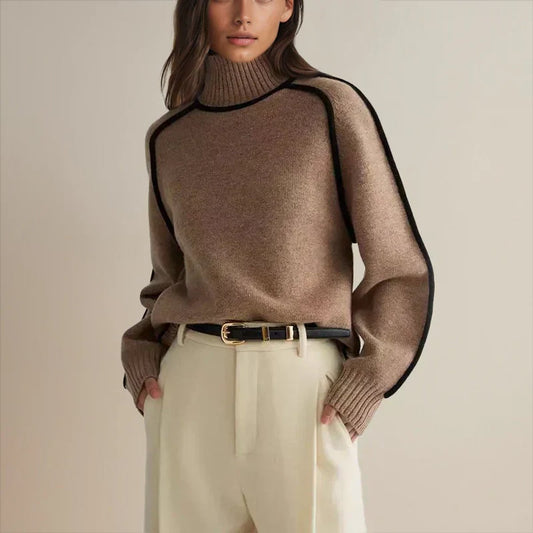 Sophie | Damen Rollkragen Oversized Strick Sweater mit Kontraststreifen