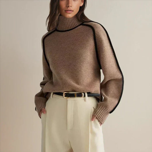 Sophie | Damen Rollkragen Oversized Strick Sweater mit Kontraststreifen