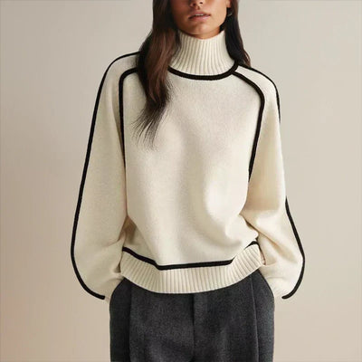 Sophie | Damen Rollkragen Oversized Strick Sweater mit Kontraststreifen