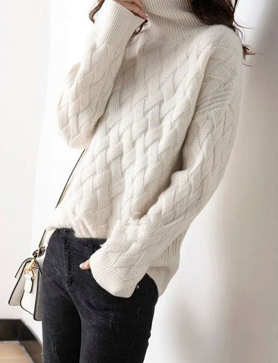 Katharina | Damen Rollkragen Strickpullover Zopfmuster Kaschmir Oversized