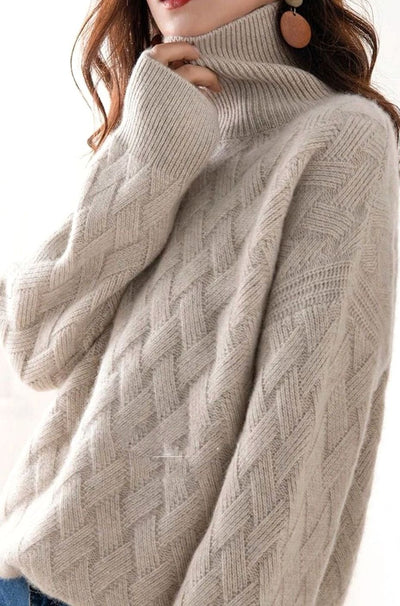 Katharina | Damen Rollkragen Strickpullover Zopfmuster Kaschmir Oversized