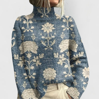 Annika | Damen Rollkragenpullover mit Blumenmuster Relaxed-Fit Strickpullover