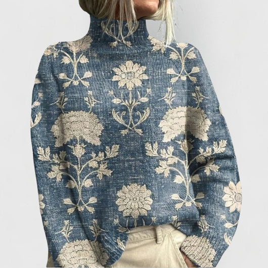 Annika | Damen Rollkragenpullover mit Blumenmuster Relaxed-Fit Strickpullover