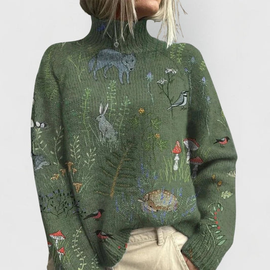 Annika | Damen Rollkragenpullover mit Blumenmuster Relaxed-Fit Strickpullover