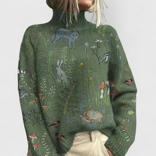 Annika | Damen Rollkragenpullover mit Blumenmuster Relaxed-Fit Strickpullover