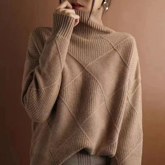 Greta | Damen Rollkragenpullover mit Rautenmuster Lässiger Strickpullover