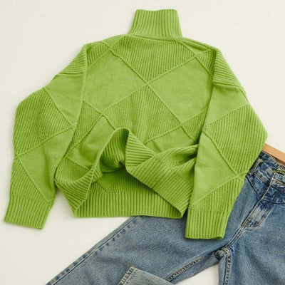 Greta | Damen Rollkragenpullover mit Rautenmuster Lässiger Strickpullover