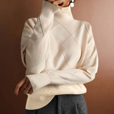 Greta | Damen Rollkragenpullover mit Rautenmuster Lässiger Strickpullover