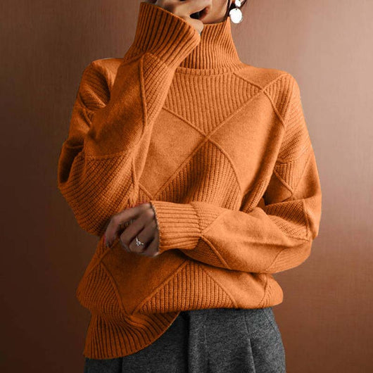Greta | Damen Rollkragenpullover mit Rautenmuster Lässiger Strickpullover
