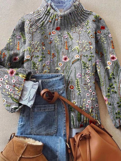 Sophie | Damen Rollkragenpullover Vintage Blumen Strickpullover