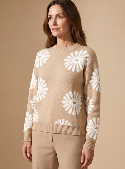 Emilia | Damen Rundhals Blumenmuster Strickpullover Lockere Passform Langarm