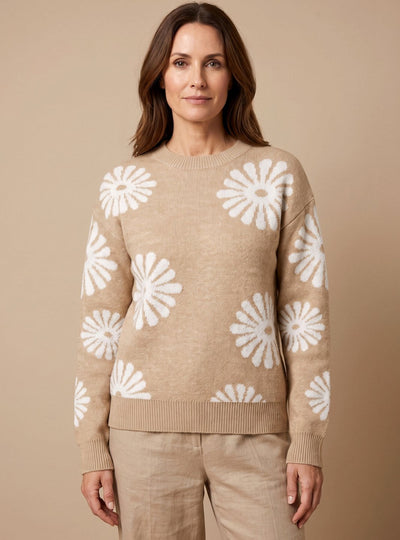 Emilia | Damen Rundhals Blumenmuster Strickpullover Lockere Passform Langarm