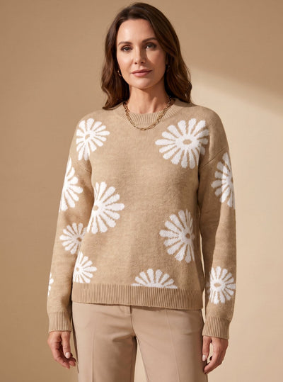 Emilia | Damen Rundhals Blumenmuster Strickpullover Lockere Passform Langarm