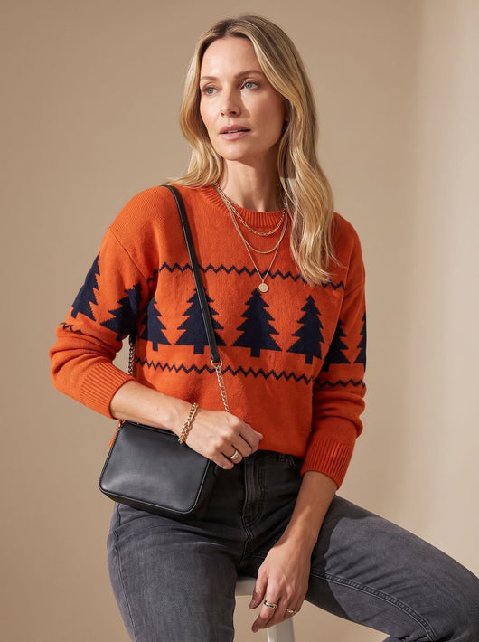 Emilia | Damen Rundhals-Strickpullover mit Weihnachtsbaum-Muster Loose-Fit