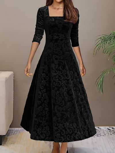 Nora | Damen Samtkleid A-Linie Midi Geblümtes Prägekleid mit Eckausschnitt