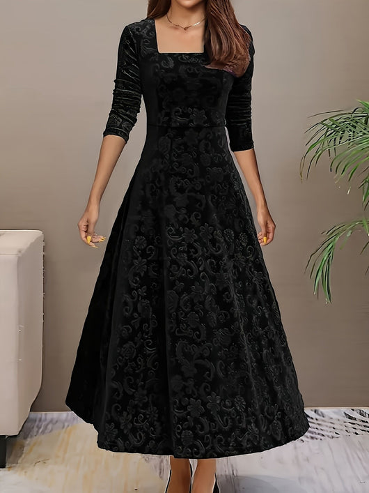 Nora | Damen Samtkleid A-Linie Midi Geblümtes Prägekleid mit Eckausschnitt
