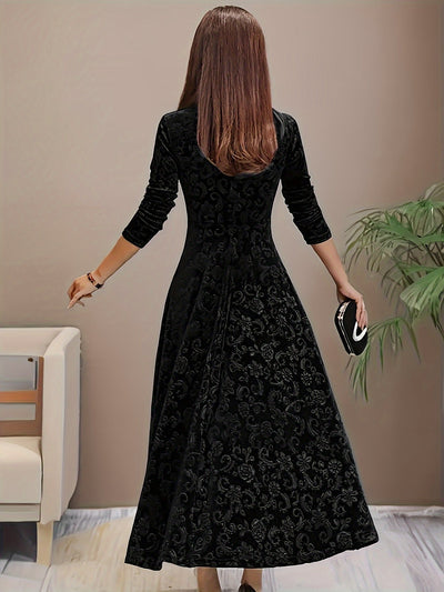 Nora | Damen Samtkleid A-Linie Midi Geblümtes Prägekleid mit Eckausschnitt