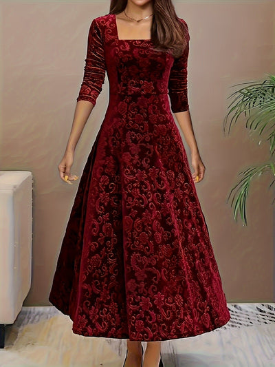 Nora | Damen Samtkleid A-Linie Midi Geblümtes Prägekleid mit Eckausschnitt