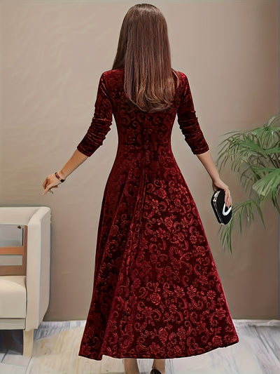 Nora | Damen Samtkleid A-Linie Midi Geblümtes Prägekleid mit Eckausschnitt
