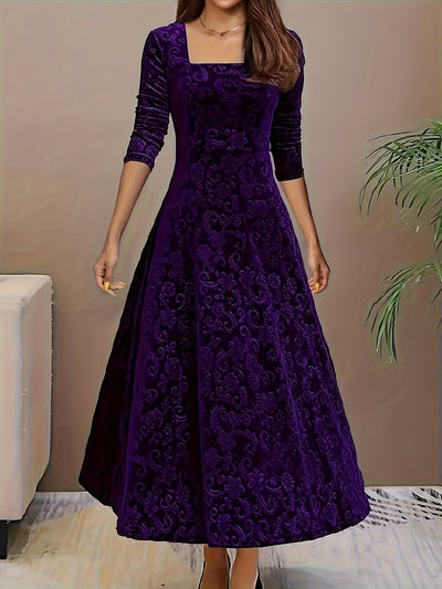 Nora | Damen Samtkleid A-Linie Midi Geblümtes Prägekleid mit Eckausschnitt