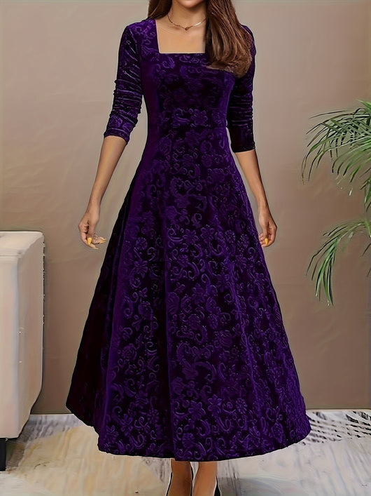Nora | Damen Samtkleid A-Linie Midi Geblümtes Prägekleid mit Eckausschnitt