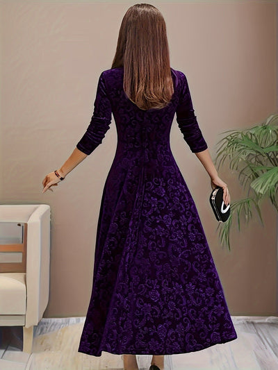 Nora | Damen Samtkleid A-Linie Midi Geblümtes Prägekleid mit Eckausschnitt