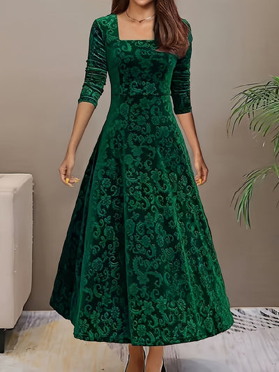 Nora | Damen Samtkleid A-Linie Midi Geblümtes Prägekleid mit Eckausschnitt