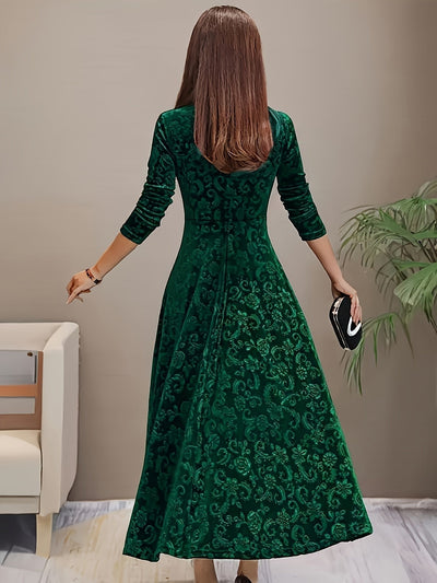 Nora | Damen Samtkleid A-Linie Midi Geblümtes Prägekleid mit Eckausschnitt