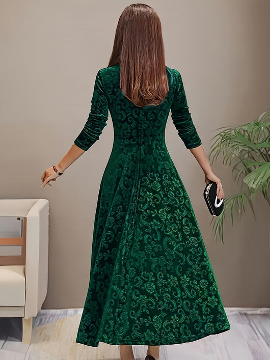 Nora | Damen Samtkleid A-Linie Midi Geblümtes Prägekleid mit Eckausschnitt