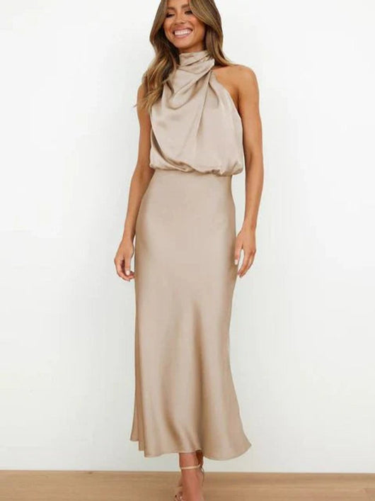 Marie | Damen Satin Cocktailkleid Elegant Schulterfrei Midi Abendkleid