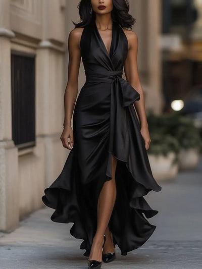 Lena | Damen Satin Halterneck Cocktail Party Dress Wickelschnitt High-Low-Saum