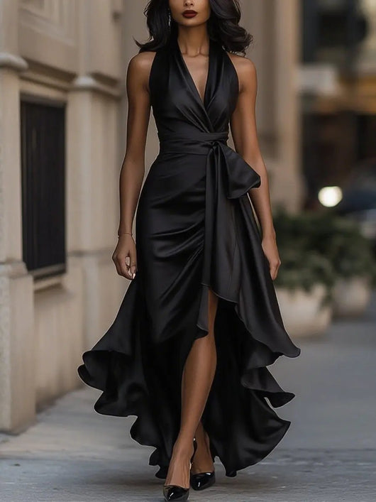 Lena | Damen Satin Halterneck Cocktail Party Dress Wickelschnitt High-Low-Saum