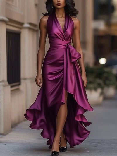 Lena | Damen Satin Halterneck Cocktail Party Dress Wickelschnitt High-Low-Saum
