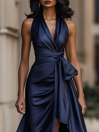 Lena | Damen Satin Halterneck Cocktail Party Dress Wickelschnitt High-Low-Saum
