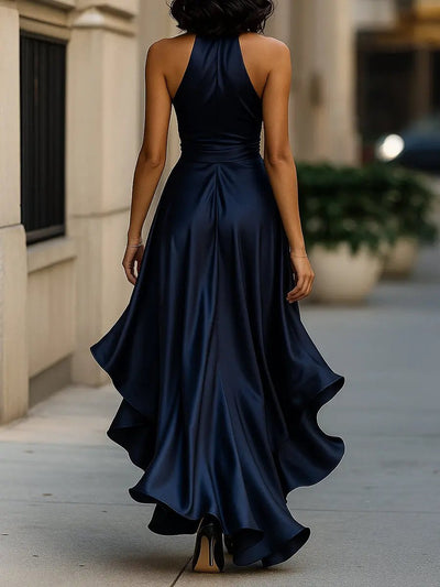 Lena | Damen Satin Halterneck Cocktail Party Dress Wickelschnitt High-Low-Saum