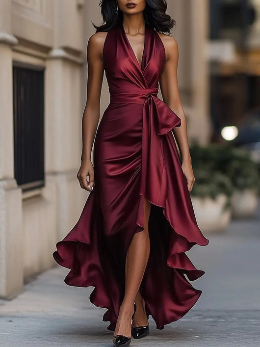 Lena | Damen Satin Halterneck Cocktail Party Dress Wickelschnitt High-Low-Saum