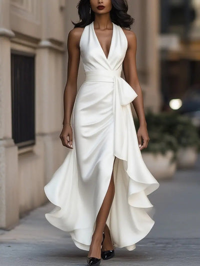Lena | Damen Satin Halterneck Cocktail Party Dress Wickelschnitt High-Low-Saum