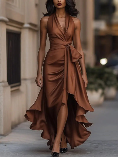 Lena | Damen Satin Halterneck Cocktail Party Dress Wickelschnitt High-Low-Saum