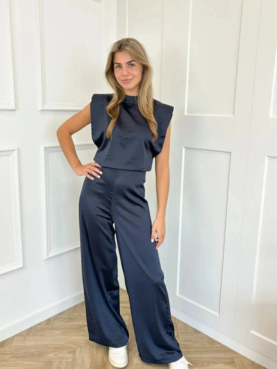 Clara | Damen Satin-Jumpsuit Weite Hose Ärmellos Eleganter Einteiler