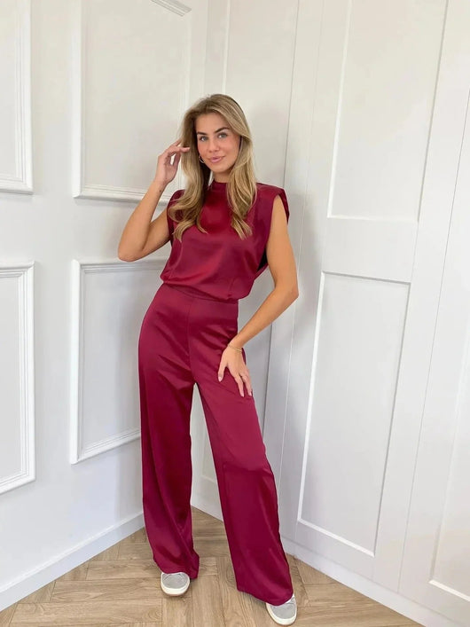 Clara | Damen Satin-Jumpsuit Weite Hose Ärmellos Eleganter Einteiler