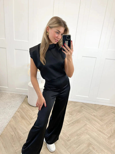 Clara | Damen Satin-Jumpsuit Weite Hose Ärmellos Eleganter Einteiler