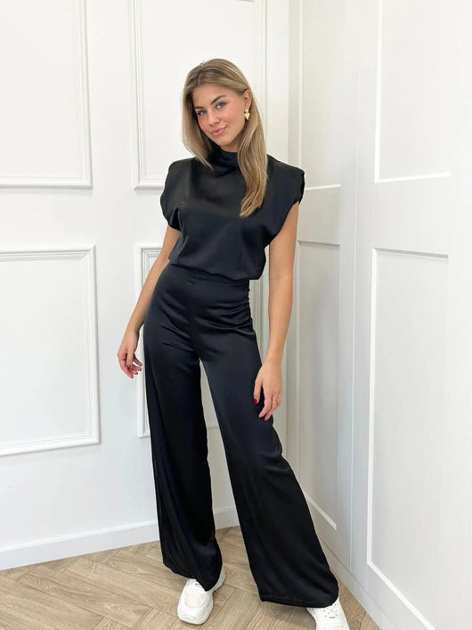 Clara | Damen Satin-Jumpsuit Weite Hose Ärmellos Eleganter Einteiler