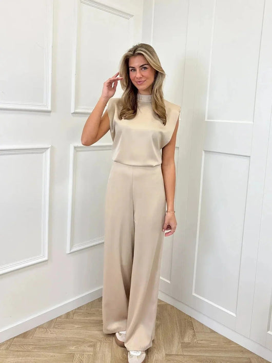 Clara | Damen Satin-Jumpsuit Weite Hose Ärmellos Eleganter Einteiler