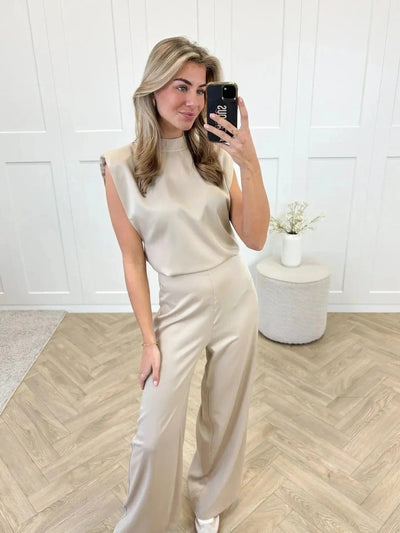 Clara | Damen Satin-Jumpsuit Weite Hose Ärmellos Eleganter Einteiler