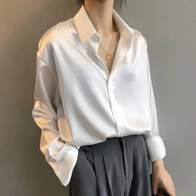 Mia | Damen Satin Langarm-Bluse mit Knopfleiste
