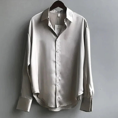 Mia | Damen Satin Langarm-Bluse mit Knopfleiste