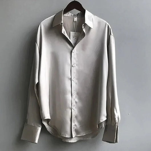 Mia | Damen Satin Langarm-Bluse mit Knopfleiste