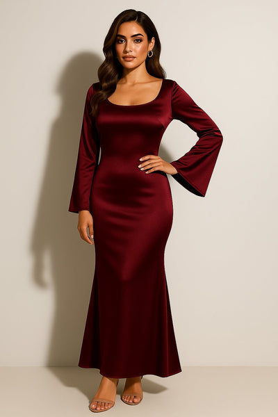 Greta | Damen Satin Langarm Fishtail Maxi Abendkleid