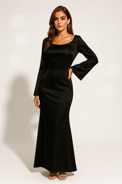 Greta | Damen Satin Langarm Fishtail Maxi Abendkleid
