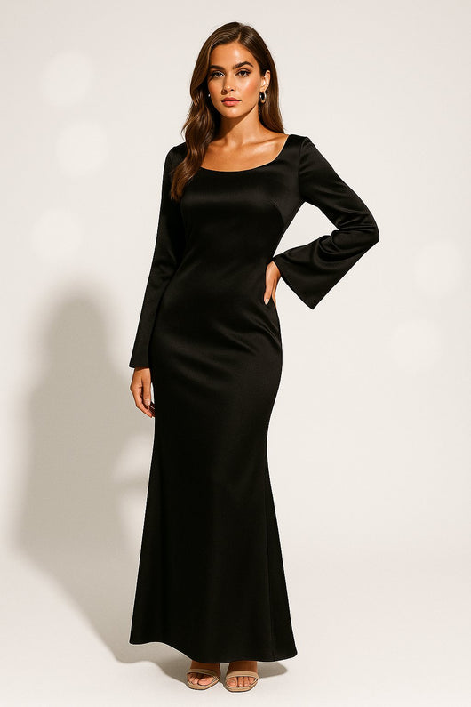 Greta | Damen Satin Langarm Fishtail Maxi Abendkleid